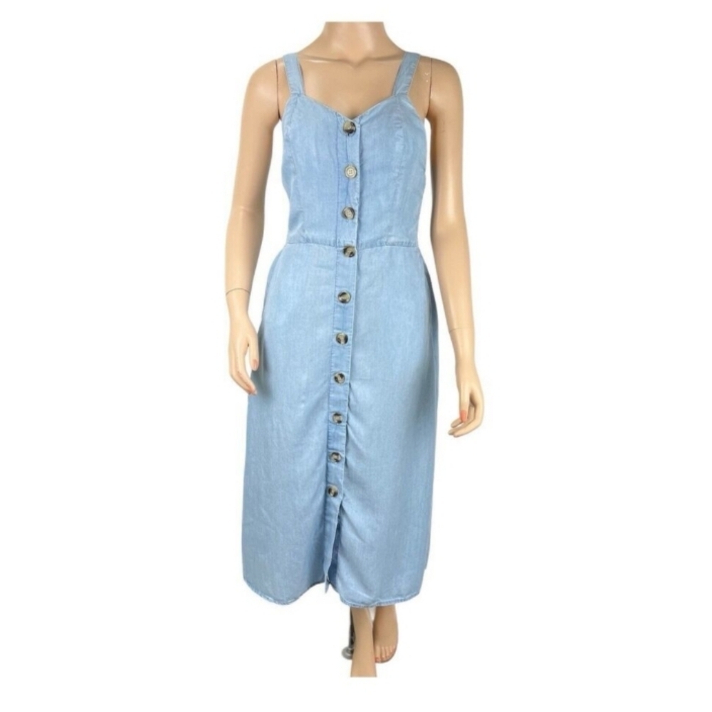 Japna Chambray Button Up Sweetheart Neckline Smocked Back Cottagecore Midi Dress